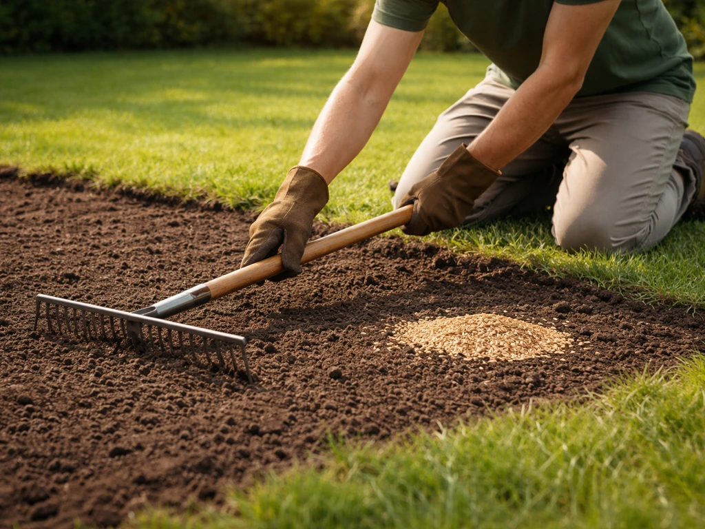 Anonieme tuinier harkt het zaaibed gelijkmatig klaar voor het inwerken van graszaad.