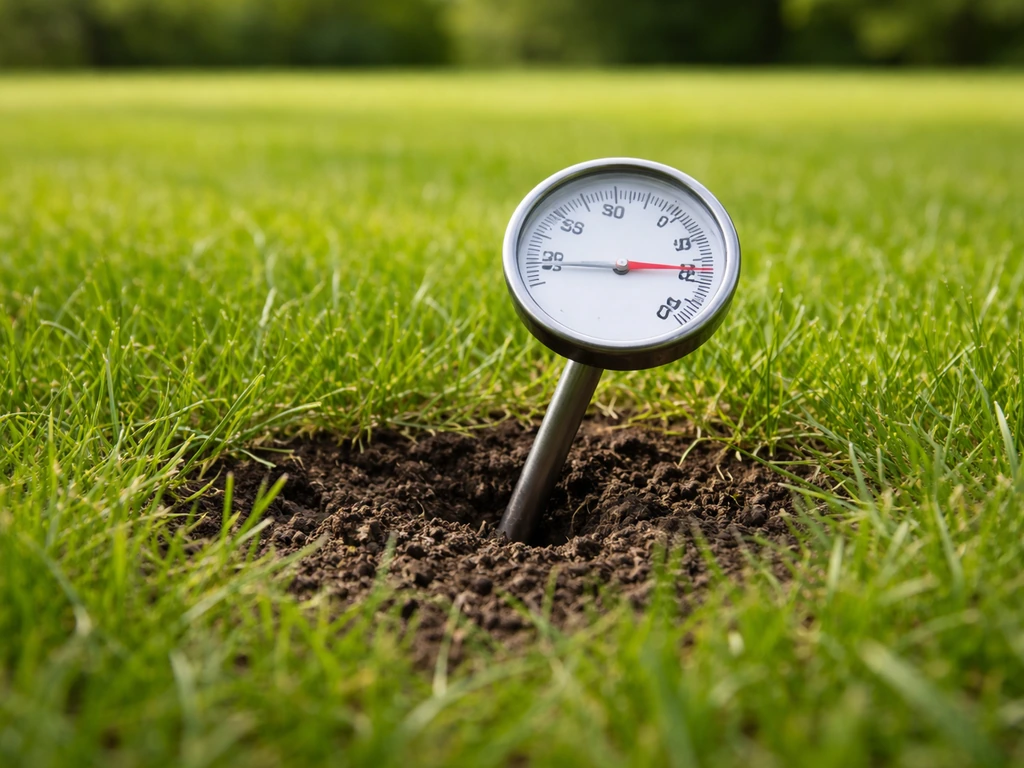 Grondthermometer in een gazon, ongeveer 5 cm diep, met afleesbare temperatuur rond de 10°C-grens.
