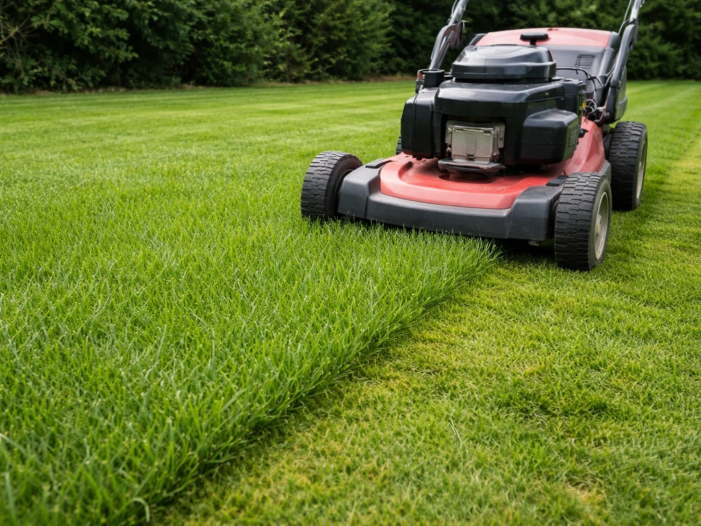 Tuin met gazon waarop een grasmaaier rijdt; maaihoogte lijkt rond 5 cm vóór en iets hoger na bemesting.