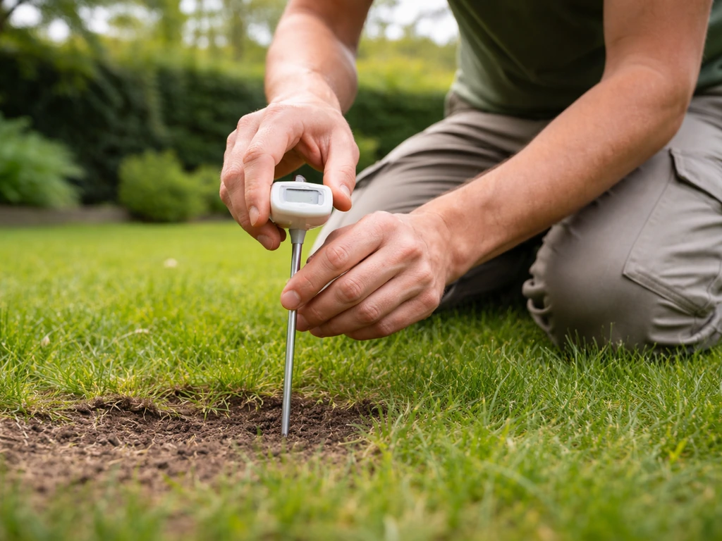 Anonieme persoon meet bodemtemperatuur op 5 cm diepte in een Nederlandse tuin met een bodemthermometer.