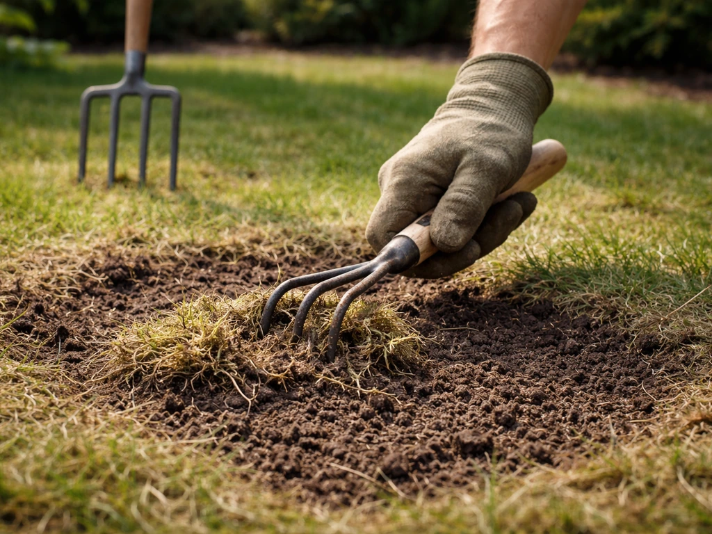 Hand verwijdert dood mos en resten op een kale plek; losse grond is klaar om te herinzaaien.