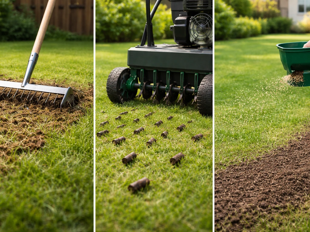 Meerluik: verticuteren, beluchten en graszaad/topdressing uitstrooien op een gazon in natuurlijk licht.