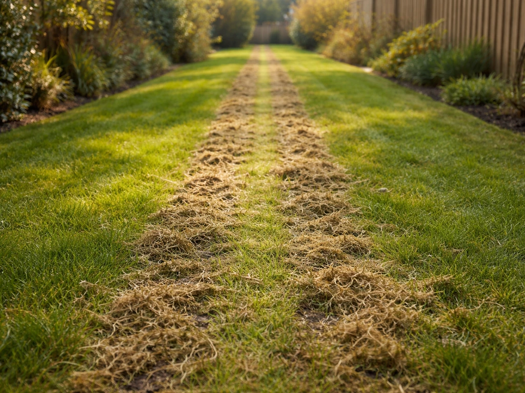 Net verticuteerd voorjaarsgazon met afgekoogd vilt/mos en frisse open stroken gras in een rustige tuin.