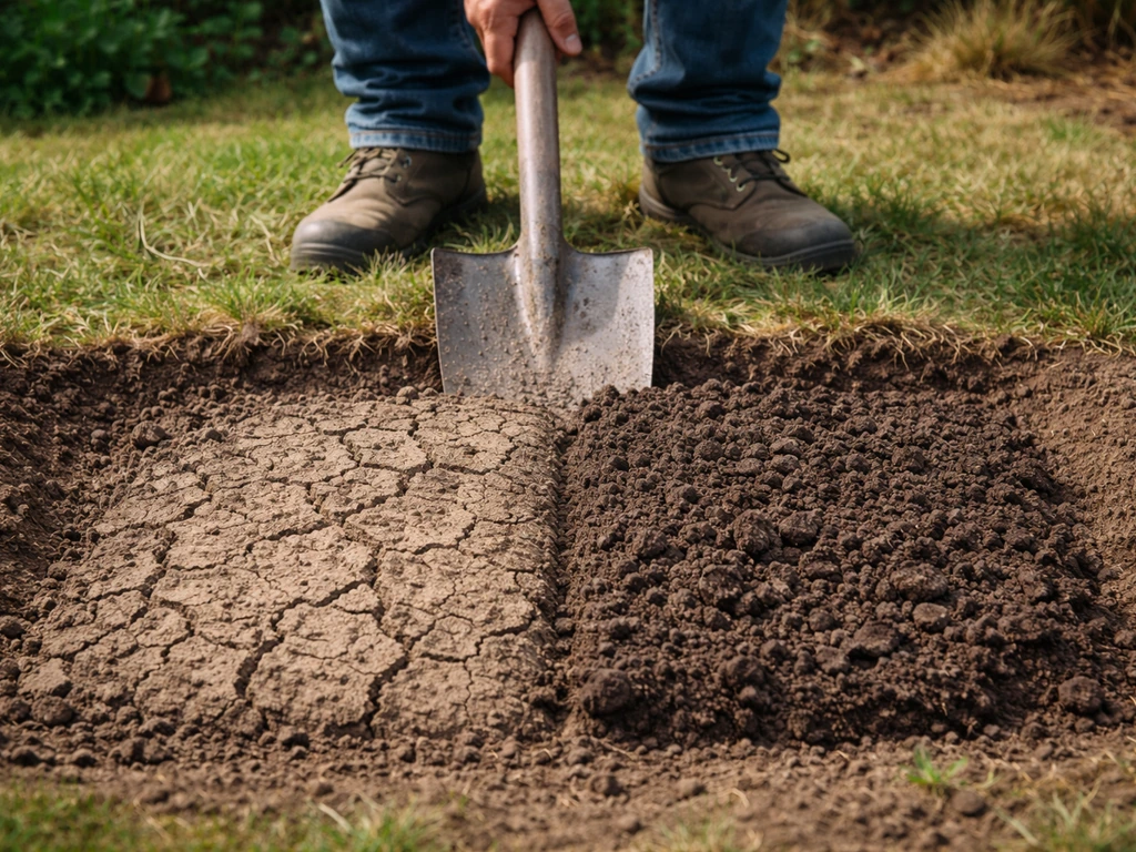 Tuinier met schep die naast elkaar droge harde grond en licht vochtige kruimelige grond laat zien