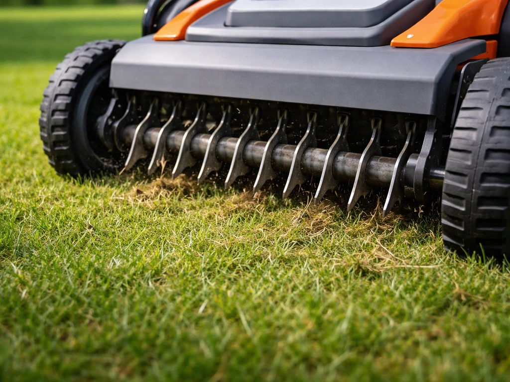 Close-up van verticuteermachine met ingestelde messen op kort gemaaid gazon (2–3 mm)