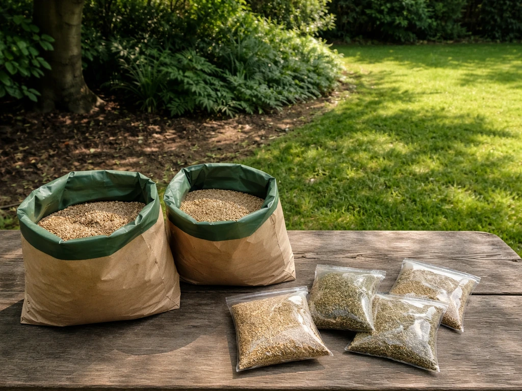 Graszaadzakken op een houten plank bij een schaduwrijke tuinhoek met struiken en een zonnige strook op de achtergrond.