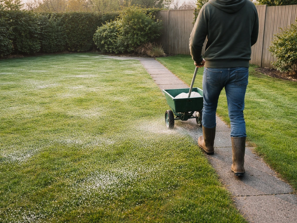 Anoniem tuinbeeld: kalkstrooien op een Nederlands gazon met zichtbare kalkkorrels in de ochtendzon.