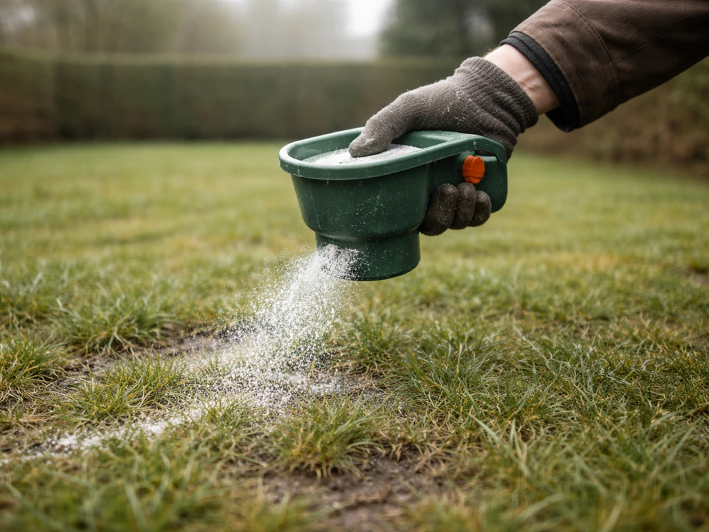 Hand strooit kalk op een nat, vochtig gazon; gras is laag en stil in februari/maart-sfeer.