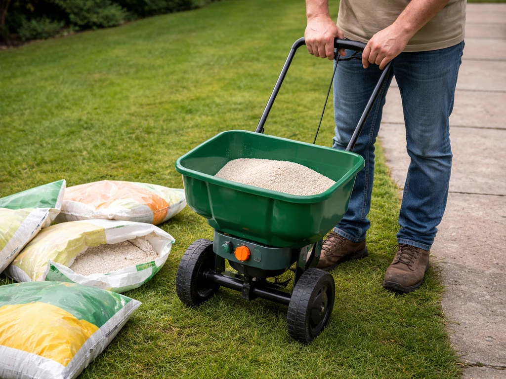 Tuinier met kalkstrooier met verstelbare doseerknop en zakken kalkproducten op het pad