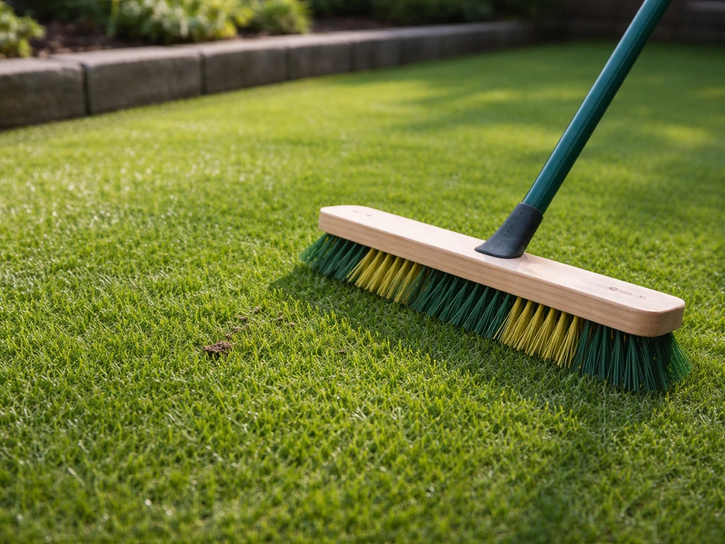 Schoon kunstgras gazon in een Nederlandse tuin, met onderhoudsmoment: borstel tegen de grasmat