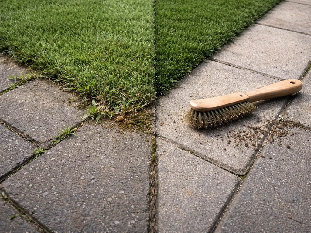 Close-up van kunstgras-rand met opkomend onkruid en een duidelijk opgeschoonde overgang tussen tegels en gras.
