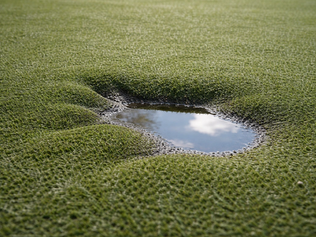 Kunstgras met één lager liggende plek waar water blijft staan, zichtbaar als ondiepe plas.
