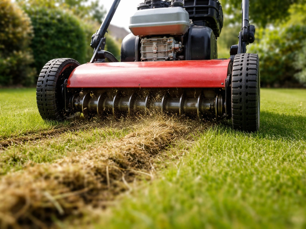 Verticuteermachine trekt in banen door het gazon en snijdt zichtbaar de viltlaag open.