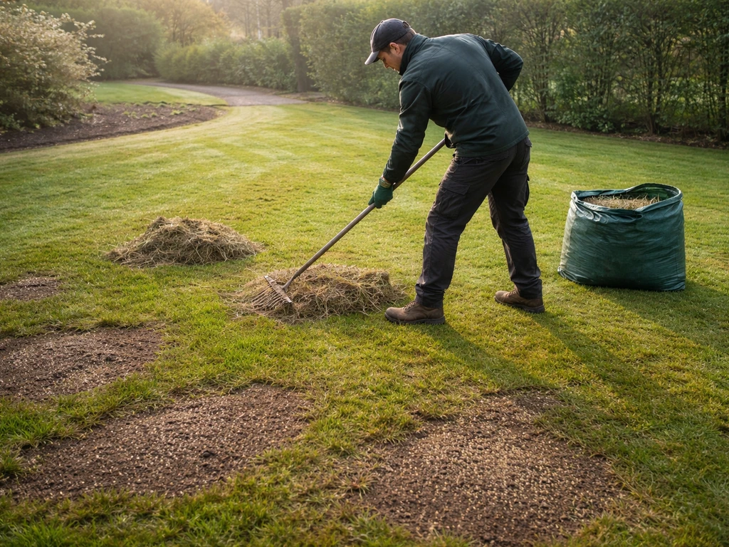 Tuinman harkt losgewoeld vilt bij elkaar en zaait kale plekken opnieuw in op een gazon