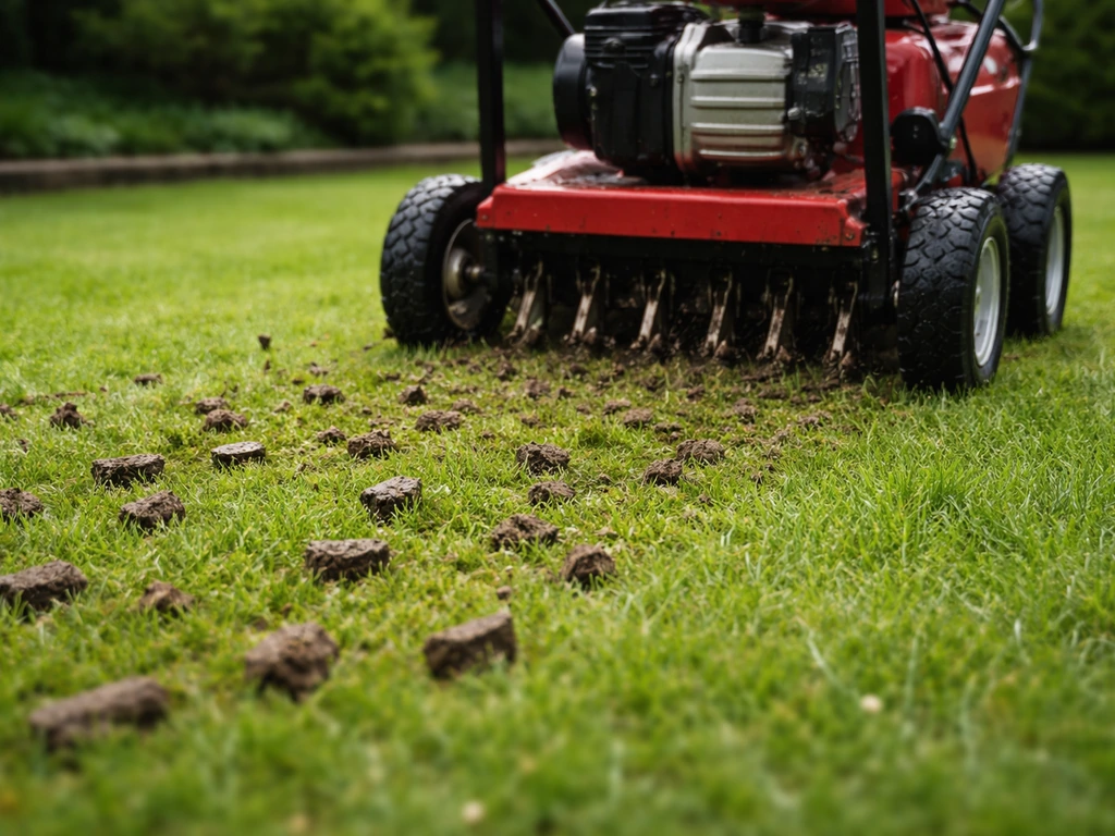 Beluchtingsmachine prikt gaatjes in een groen gazon, met zichtbaar omhoogkomende bodempluggen.