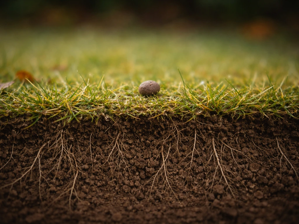 Close-up van een mestkorrel op zacht herfstgras met sterke wortelzone-illusie in het bodemprofiel