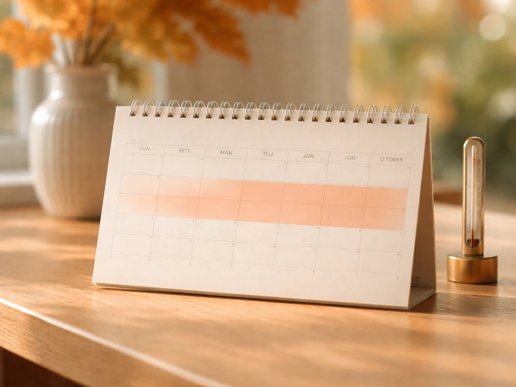 Eenvoudige kalenderpagina met periode begin september tot half oktober en een kleine thermometer op een tafel
