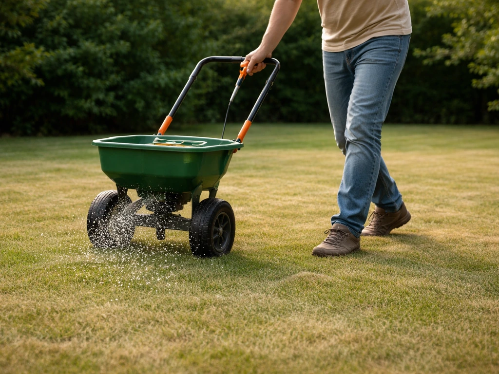 Tuinier die met een handmatige strooier korrels gelijkmatig uitstrooit op droog gras, met zicht op nazorg/controle.