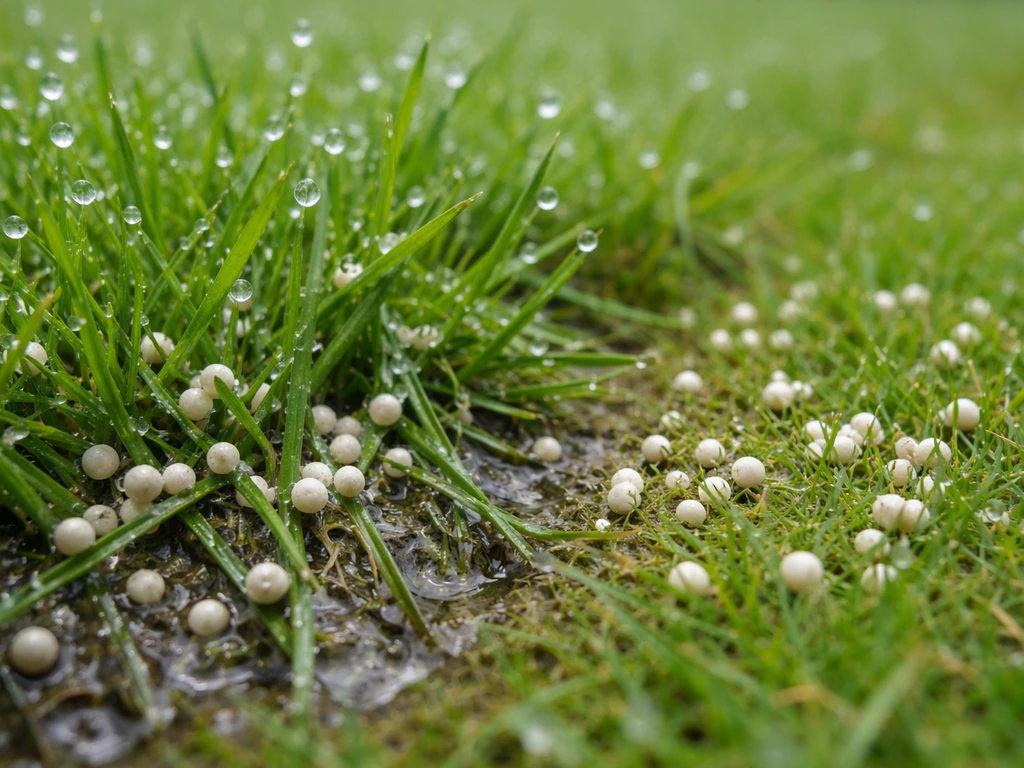Close-up van kletsnat gras met mestkorrels die op de grassprieten blijven kleven.