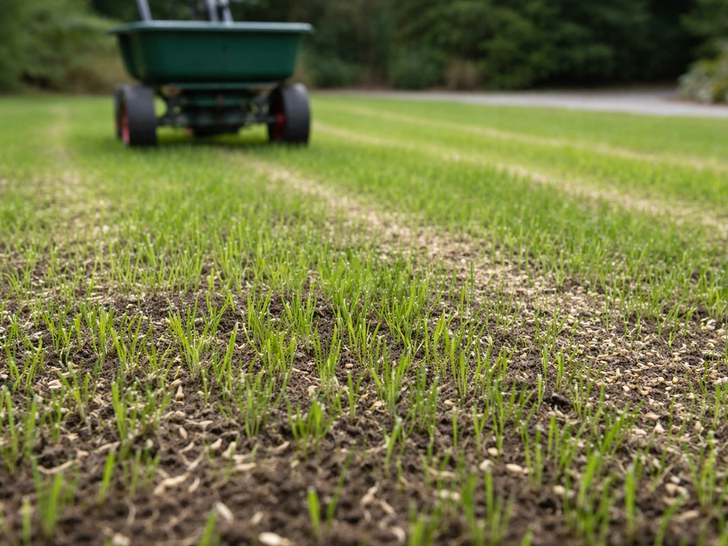 Egaal gazon met nieuw lichtgroen gras na verticuteren, met onscherpe zaadstrooier op de achtergrond.