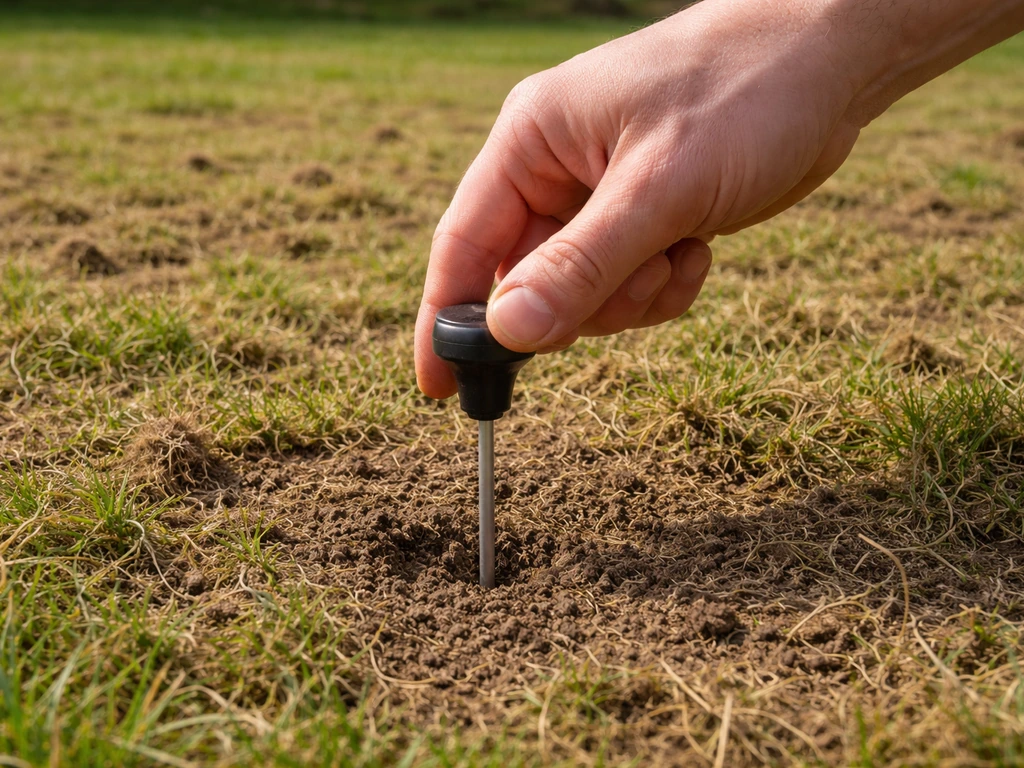 Hand steekt een bodemthermometer ongeveer 5 cm diep in de grond naast het gazon na verticuteren.