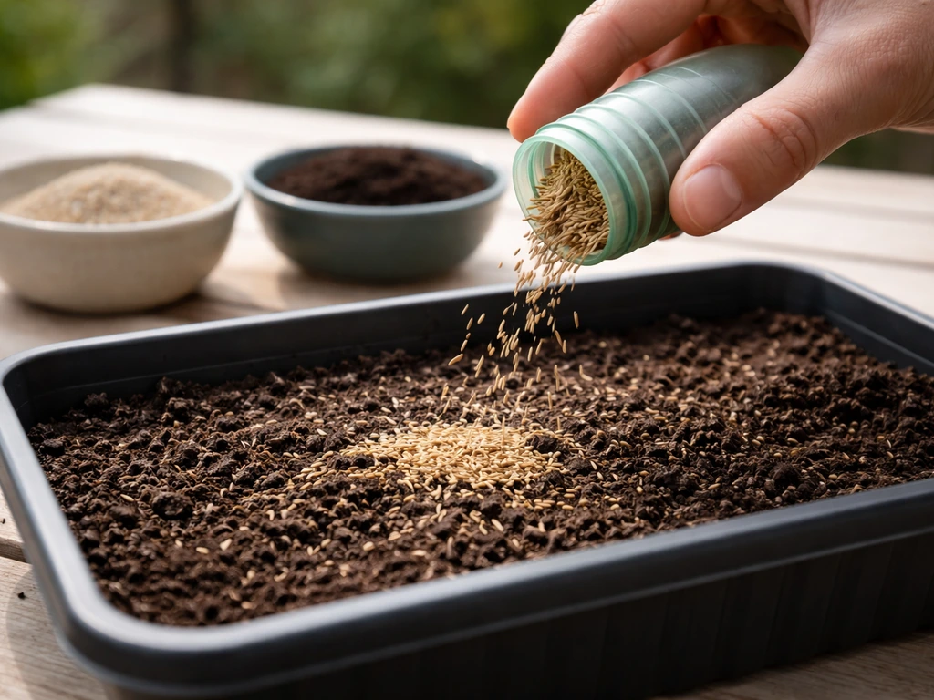 Close-up van graszaad in een strooibakje met zand en compost als bodemverbetering op een tuintafel.