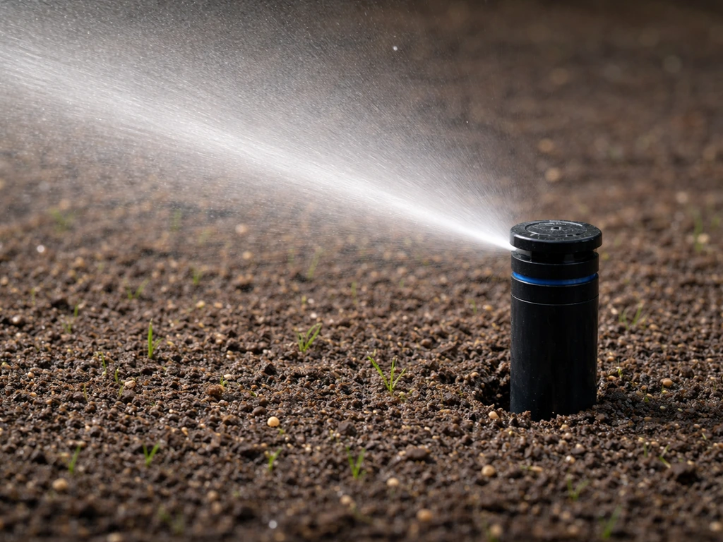Detail van een fijne beregeningskop die net na het zaaien gelijkmatig water geeft op een vochtig gazonbed.