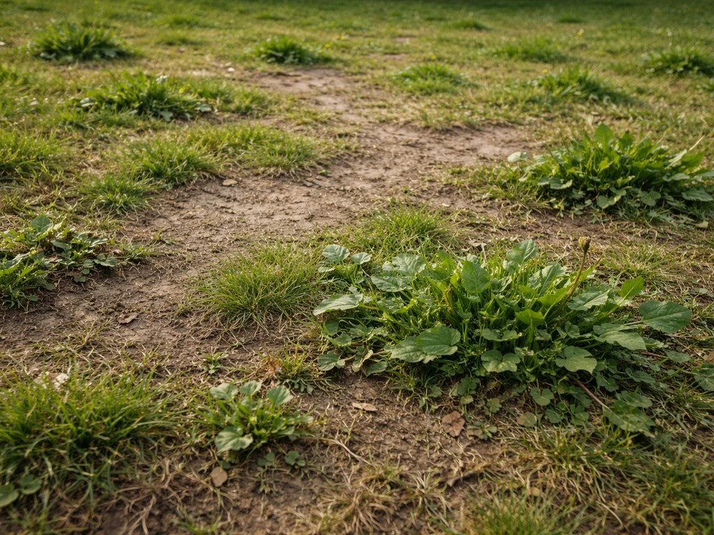 Verwaarloosd gazon met kale plekken en veel onkruid in een rustige tuinomgeving, bij natuurlijk licht.