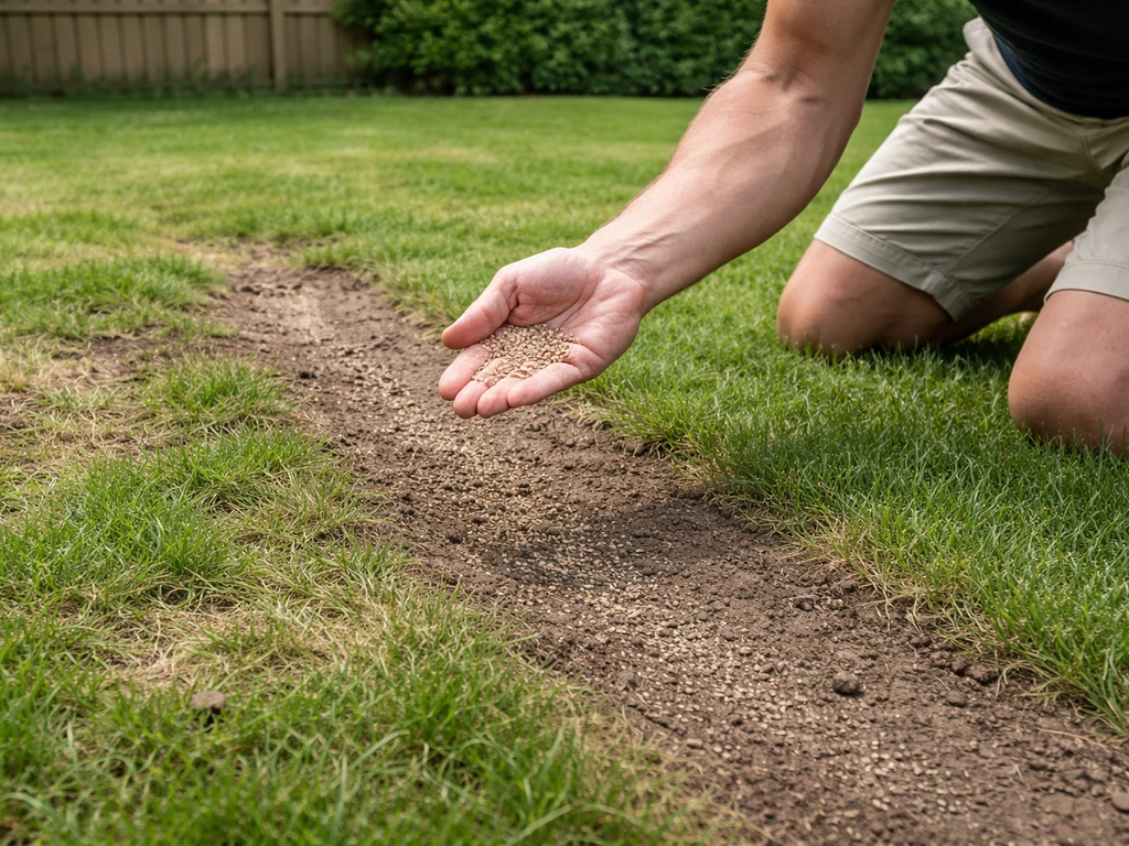 Persoon strooit met de hand gazonzaad op een kale plek in het gazon, in een rustige tuin in daglicht.