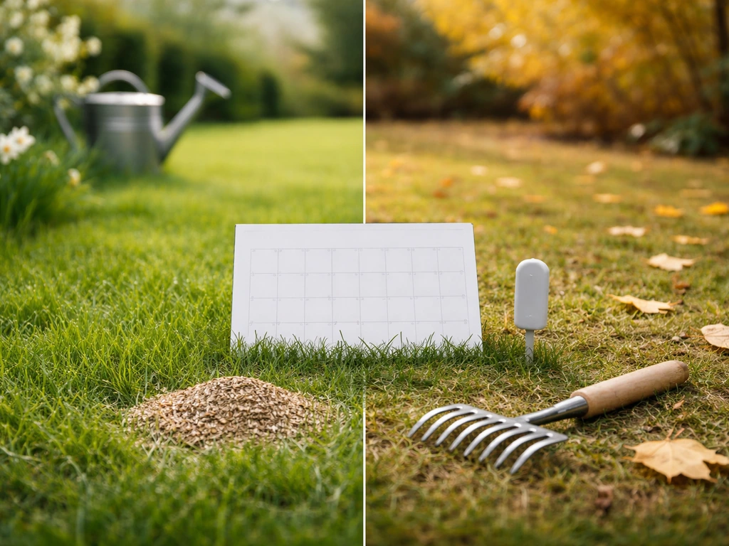 Minimalistische tuin-scène die voorjaar en vroege najaar voor doorzaaien toont met zaad, hark en bodemindicatie.