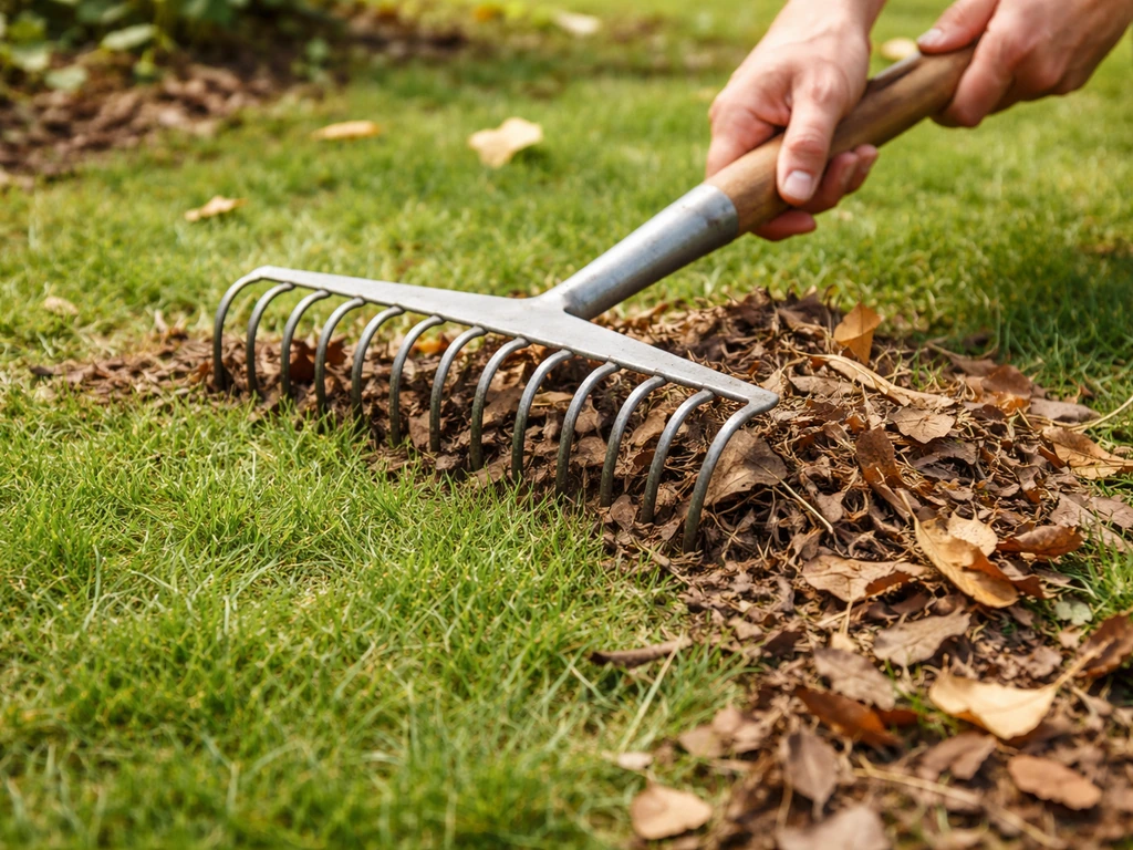 Handen die met een tuinhark dood blad en takjes van het gazon halen, met schoon gras in focus.