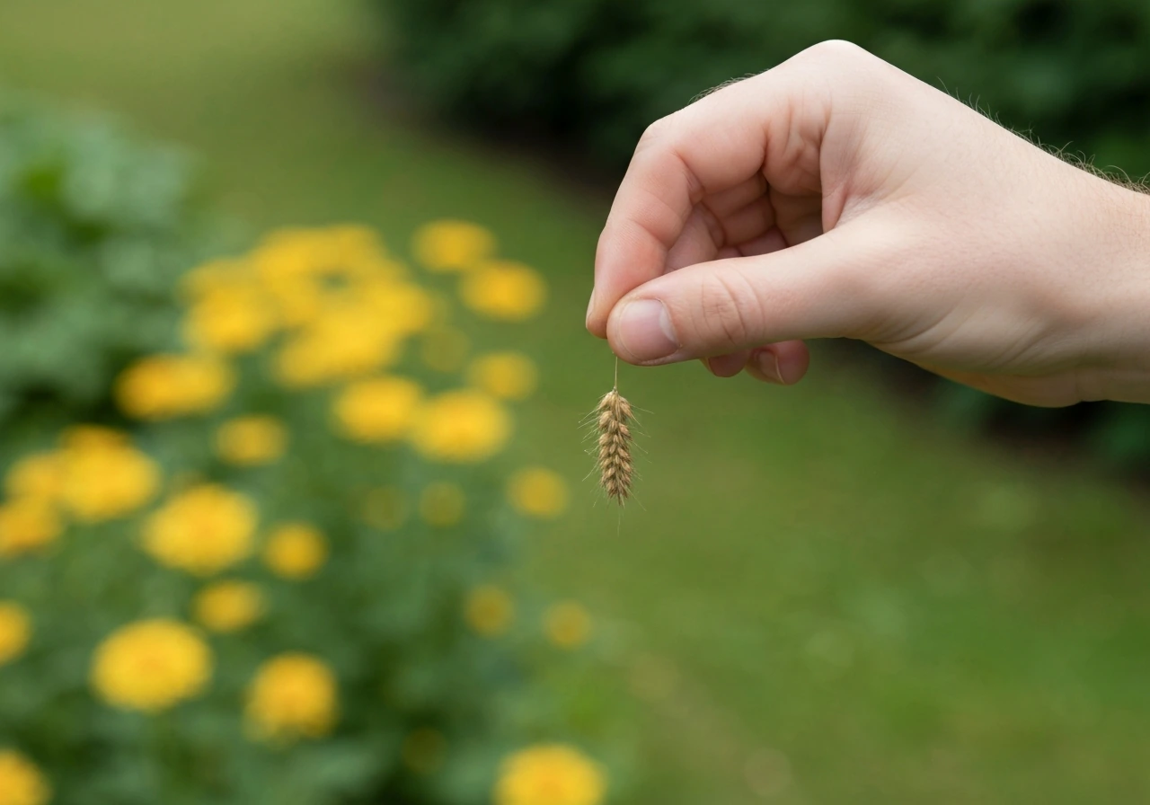 Close-up van een hand die voorzichtig aan een plukje gras trekt om te zien of wortels loslaten.