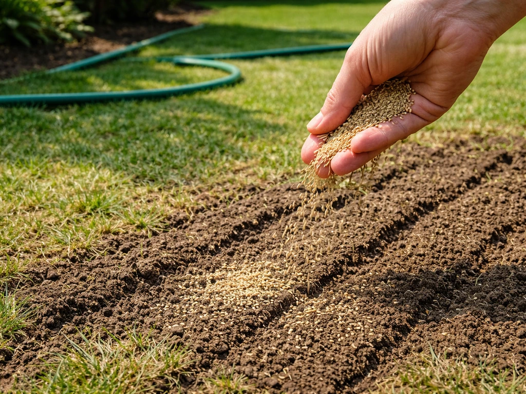 Hand strooit graszaadkorrels over kale plekken in het gazon direct na het verticuteren.