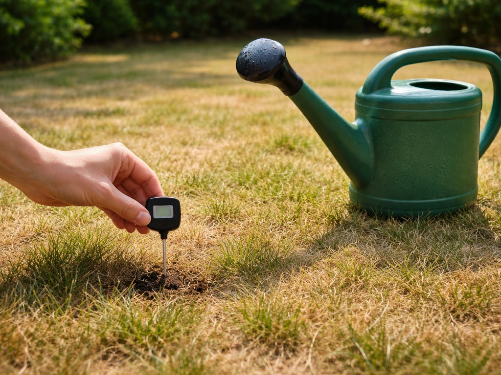 Droog, licht verbrand gazon met een anonieme hand die een bodemthermometer in de grond steekt, zonlicht en gieter ernaas