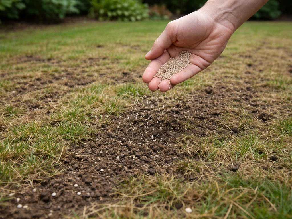Tuinier strooit korrelmest op een strook gazon die na verticuteren open isgewerkt