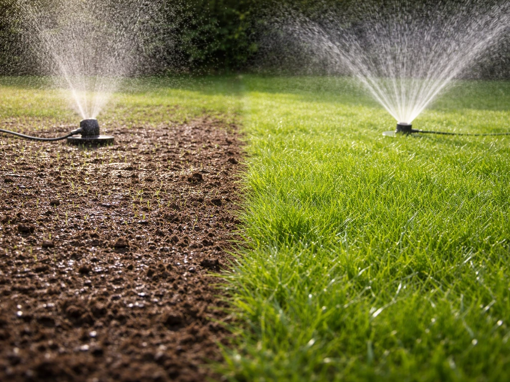 Twee kleine gazon-situaties naast elkaar: nieuw gazon met natte grond en bestaand gazon met sproeier in zacht daglicht.