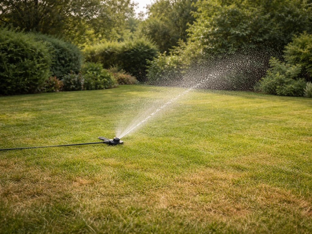 Zomergroen gazon met droge randen en een sproeier die net begint, met licht en warmte in de achtergrond.