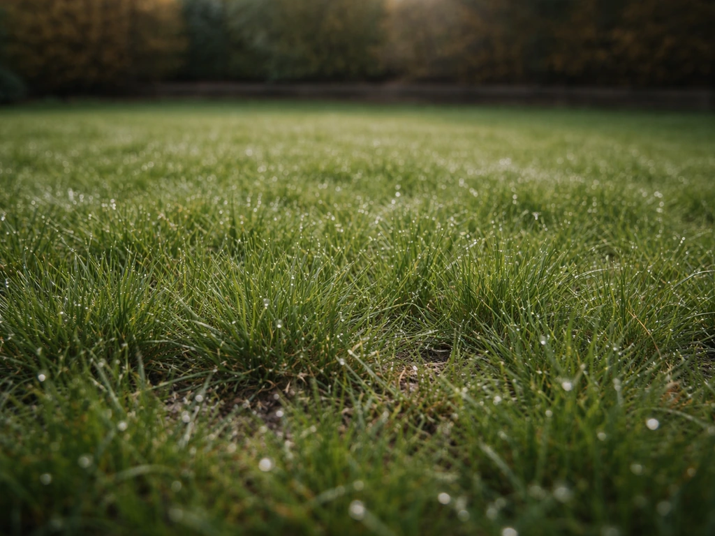 Herfstig gazon net besproeid met koelere, donkerdere grasvelden en licht op de natte grond