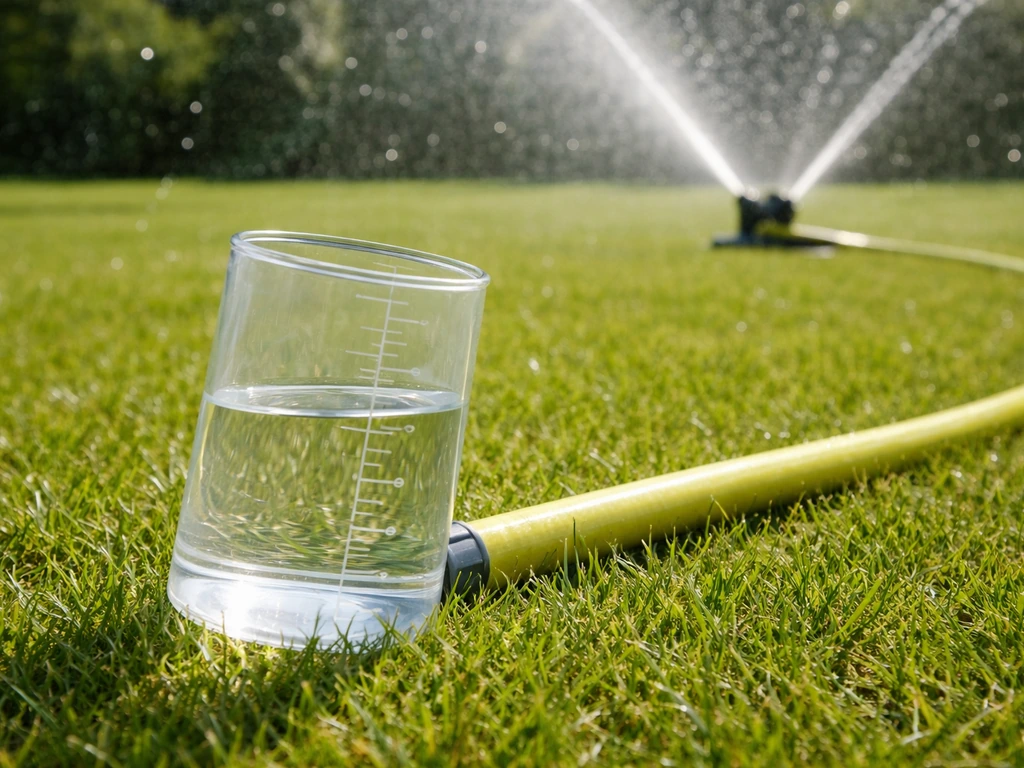 Close-up op een meetcilinder met water op het gazon tijdens een sproeibeurt, met sproeier op de achtergrond.