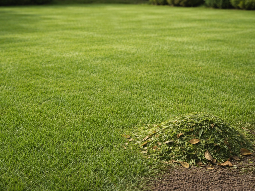 Kort gemaaid gazon van ±4–5 cm met zichtbaar verwijderd maaisel en een klein hoopje bladeren op de grond