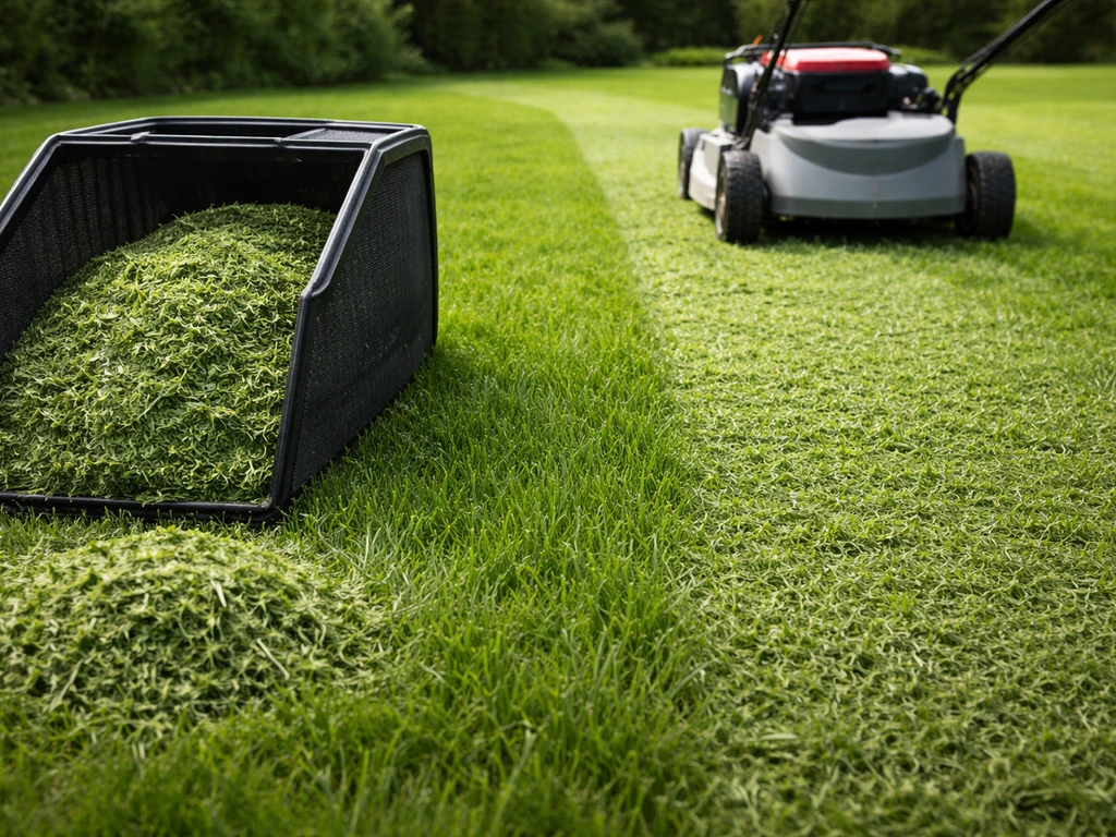 Groen gazon met maaier en opvangbak; fijn mulchesel valt tussen de grashalmen, minimalistische scène.