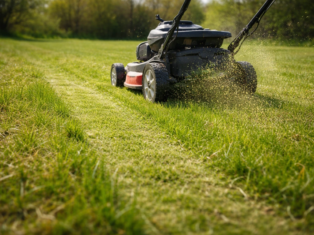 Groeiend gazon in april/mei met droog uitziend gras en een mulchmaaier die het gras fijn maait.