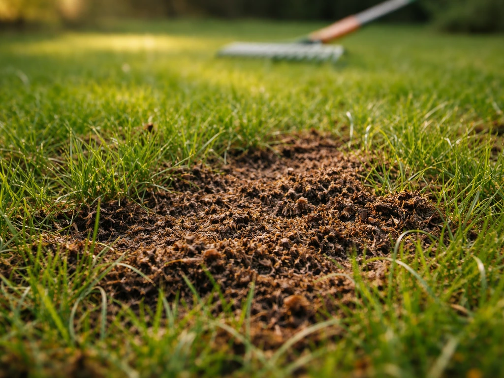 Een lege gazonplek met vers mulchesel en nog groen gras dat doorstaat in september/oktober.