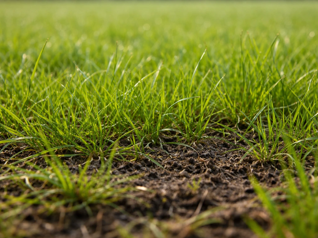Groen lentegazon met actief groeiende grassprieten en zichtbare bodem tussen de pollen.