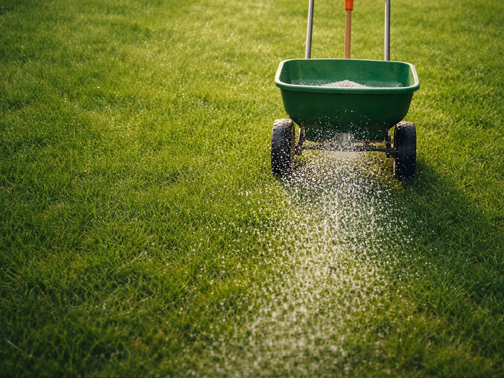 Bovenaanzicht van een gazon waar een tuinman gelijkmatig kalkkorrels uitstrooit met een handstrooier.