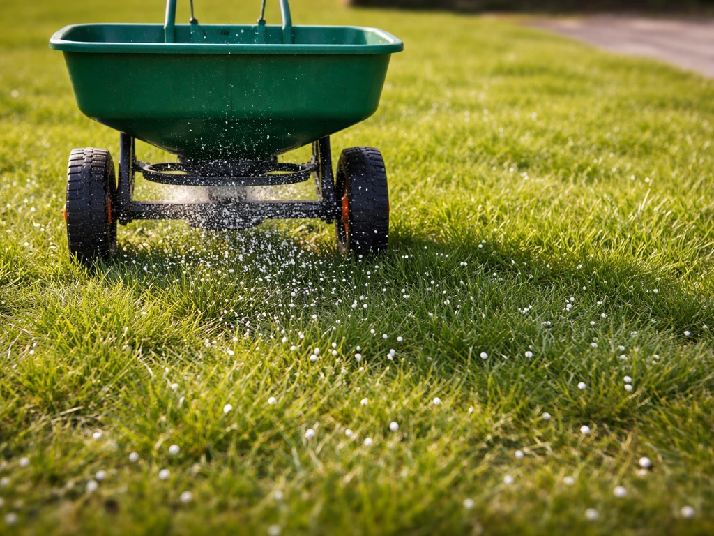Voorjaar gazon met strooier en zichtbare kalkkorrels op het gras.
