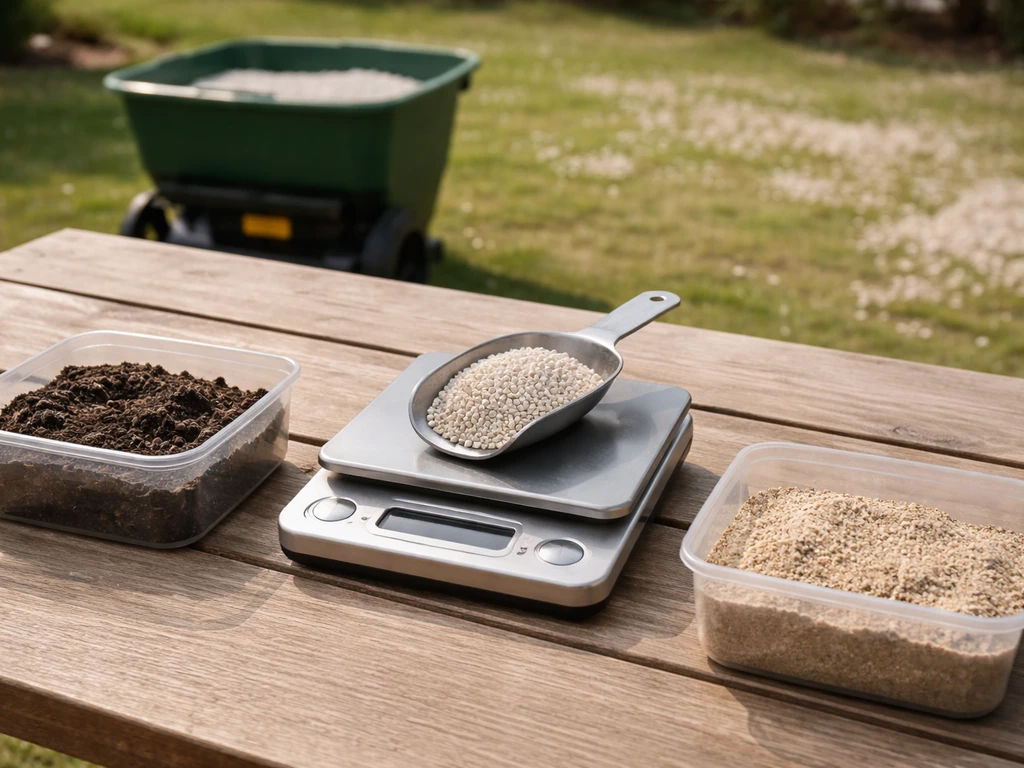 Gekorrelde magnesiumkalk op een weegschaaltje met korrelstrooier en twee soorten grond op een houten tafel.
