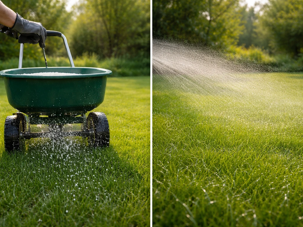Gazon met kalkkorrels die uit een handstrooier vallen, gevolgd door een lichte waternevel bij het inwerken.