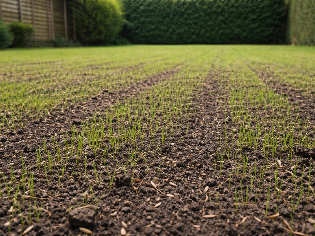 Net heringezaaid Nederlands gazon met zichtbaar kiemend gras en vlak voorbereide bodem.