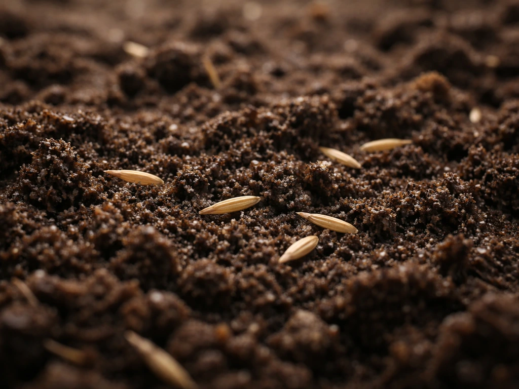 Close-up van vochtige kruimelige grond met een paar graszaadkorrels die erop liggen.